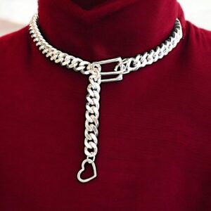 Handmade Chunky Silver Chain Choker Necklace with Heart Charm