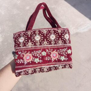 Maroon Velvet Embroidered Bag , Floral Design Tote Bag, Bohemian Style Purse